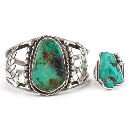 3628 - Naturalistic silver turquoise cuff bracelet and a silver and turquoise ring, size K, 52.0g