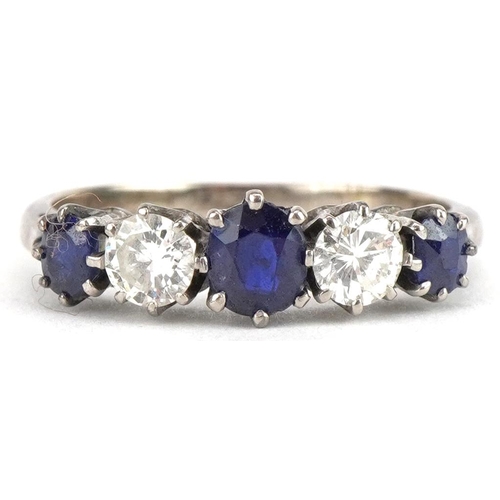 3002 - 18ct white gold graduated sapphire and diamond five stone ring, total diamond weight approximately 0... 