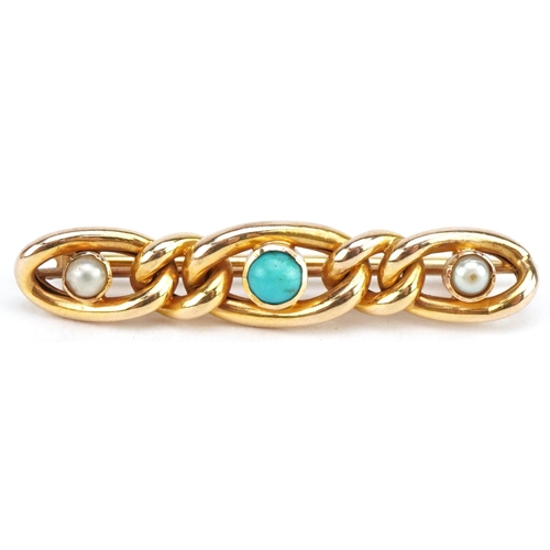 3597 - Victorian 15ct gold cabochon turquoise and pearl bar brooch, 3.8cm wide, 4.2g