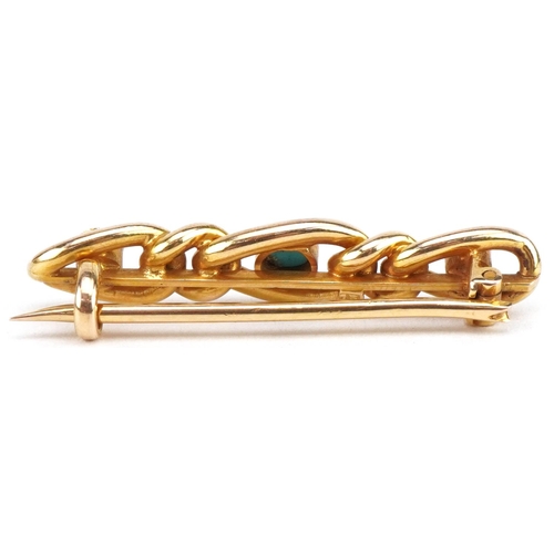 3597 - Victorian 15ct gold cabochon turquoise and pearl bar brooch, 3.8cm wide, 4.2g