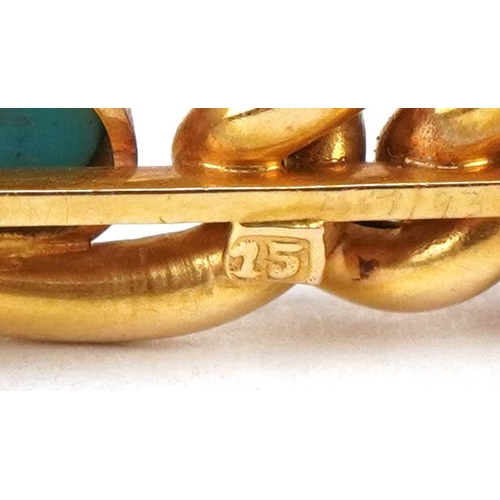 3597 - Victorian 15ct gold cabochon turquoise and pearl bar brooch, 3.8cm wide, 4.2g