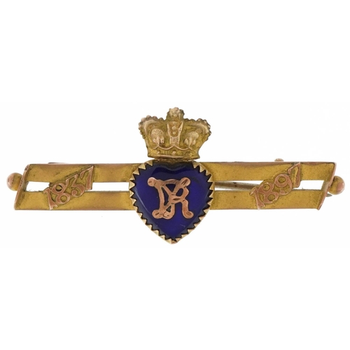 3608 - 9ct gold and enamel Queen Victoria Diamond Jubilee 1837-1897 bar brooch, 4.4cm wide, 2.9g