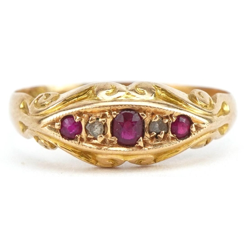 3348 - George V 18ct gold red spinel and diamond five stone ring with ornate scrolled setting, Birmingham 1... 