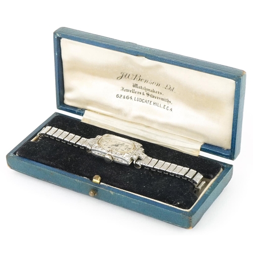 3146 - J W Benson, Art Deco ladies platinum and diamond cocktail manual wristwatch with box, the case 14mm ... 