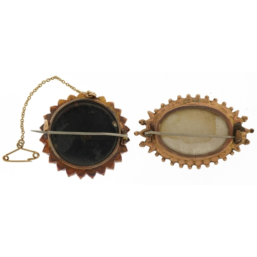 3020 - Victorian Etruscan Revival 9ct gold mourning brooch and an unmarked gold black enamel seed pearl mou... 