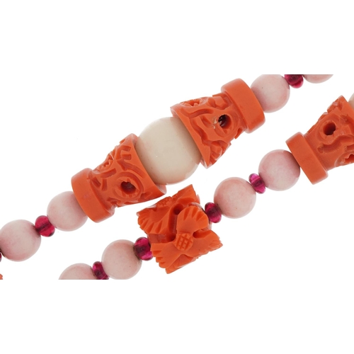 3437 - Art Deco carved coral and bead necklace, 56cm in length, 119.0g