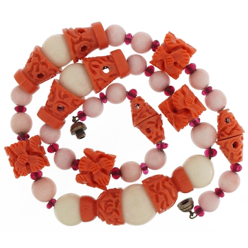 3437 - Art Deco carved coral and bead necklace, 56cm in length, 119.0g