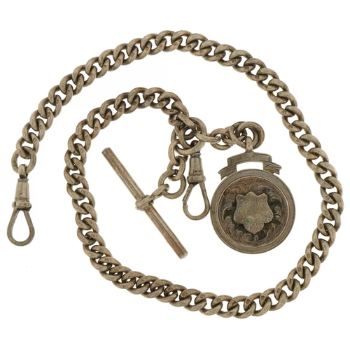 3545 - Heavy silver watch chain with T bar, dog clip clasps and sports jewel, 38cm in length, 64.5g