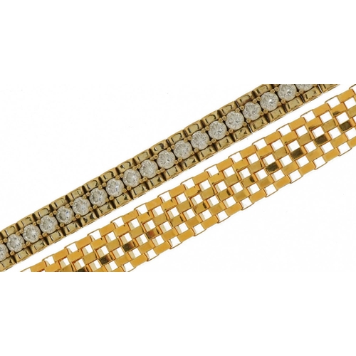 3553 - Two silver gilt bracelets including one set with cubic zirconias, each 19cm in length, total 36.5g