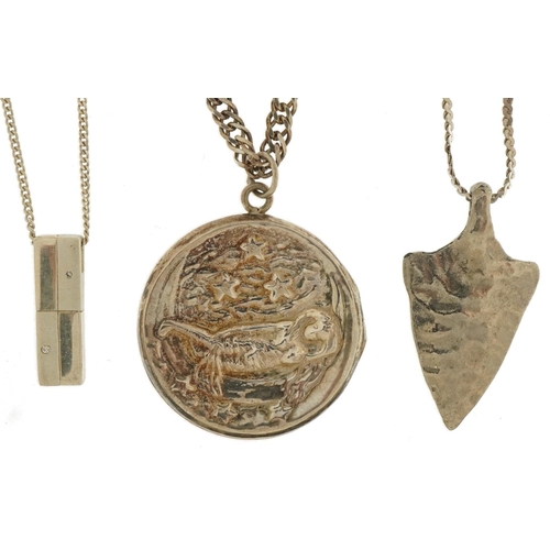 3694 - Silver jewellery comprising embossed locket on chain and two pendants on chains, one set with diamon... 