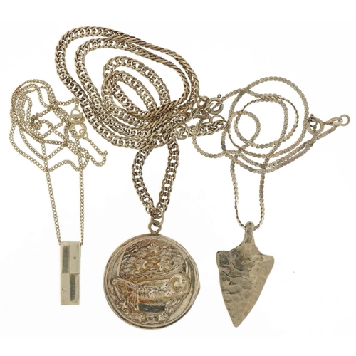 3694 - Silver jewellery comprising embossed locket on chain and two pendants on chains, one set with diamon... 