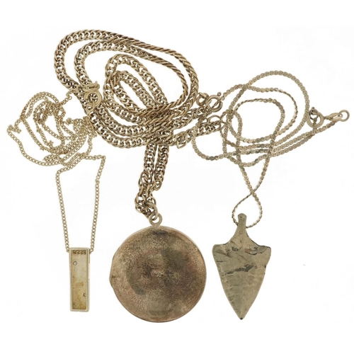 3694 - Silver jewellery comprising embossed locket on chain and two pendants on chains, one set with diamon... 