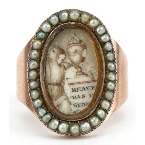 3005 - George III unmarked gold and seed pearl mourning ring hand painted with a young female and a tombsto... 