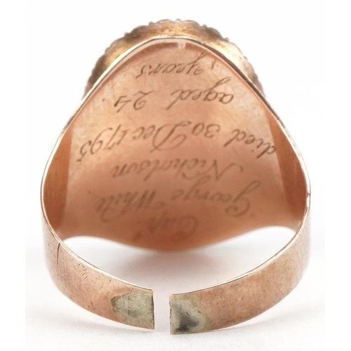 3005 - George III unmarked gold and seed pearl mourning ring hand painted with a young female and a tombsto... 