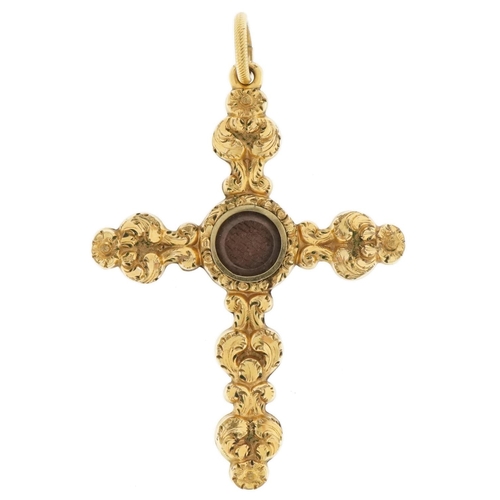 3036 - Antique ecclesiastical unmarked gold and hairwork cross pendant, tests as 9ct gold, 6cm high, 8.2g