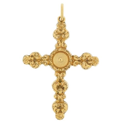 3036 - Antique ecclesiastical unmarked gold and hairwork cross pendant, tests as 9ct gold, 6cm high, 8.2g