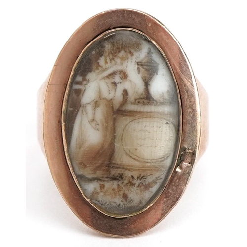 3023 - Georgian unmarked gold mourning ring hand painted with a young female and a tombstone, size O, 5.5g