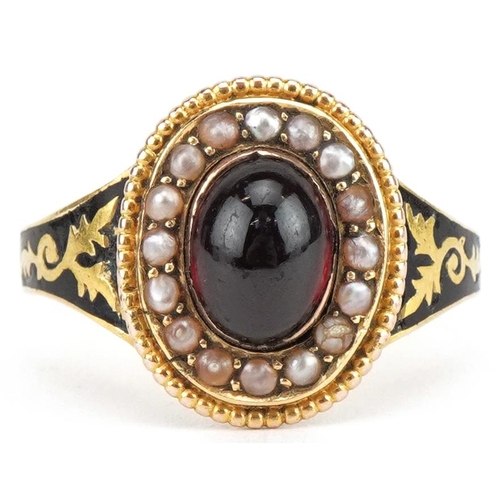 3027 - Victorian 18ct gold cabochon garnet, seed pearl and black enamel mourning ring, Birmingham 1863, siz... 