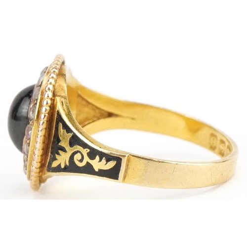 3027 - Victorian 18ct gold cabochon garnet, seed pearl and black enamel mourning ring, Birmingham 1863, siz... 