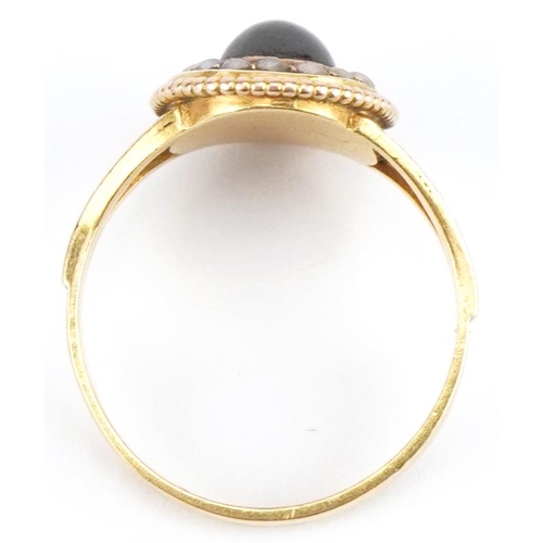 3027 - Victorian 18ct gold cabochon garnet, seed pearl and black enamel mourning ring, Birmingham 1863, siz... 