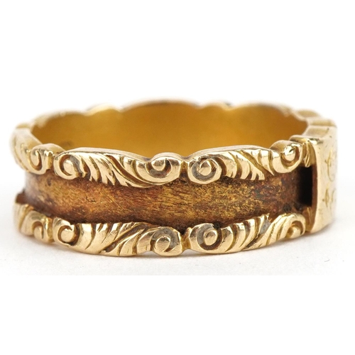 3044 - 18ct gold mourning ring cast with C scrolls, London 1892, size U, 7.8g