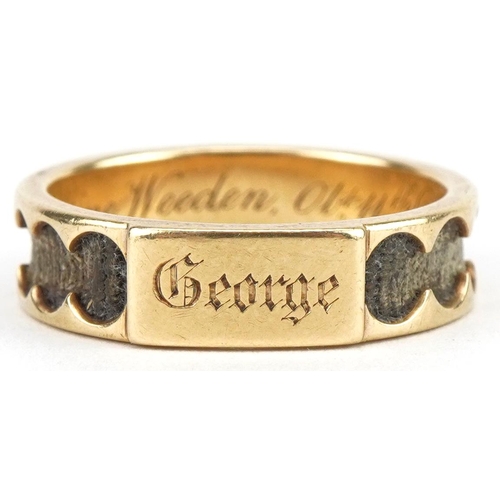 3032 - Victorian unmarked gold hairwork mourning ring engraved George Valentine Weeden OB 11th Dec 1849 at ... 