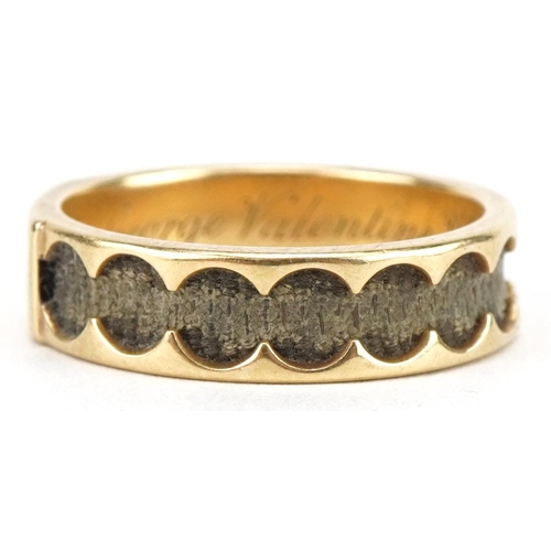 3032 - Victorian unmarked gold hairwork mourning ring engraved George Valentine Weeden OB 11th Dec 1849 at ... 