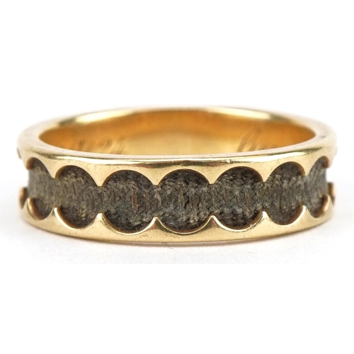 3032 - Victorian unmarked gold hairwork mourning ring engraved George Valentine Weeden OB 11th Dec 1849 at ... 