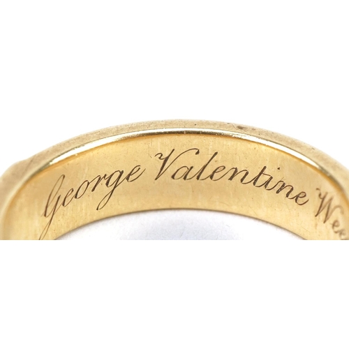 3032 - Victorian unmarked gold hairwork mourning ring engraved George Valentine Weeden OB 11th Dec 1849 at ... 