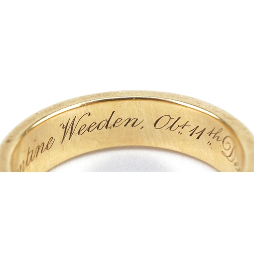 3032 - Victorian unmarked gold hairwork mourning ring engraved George Valentine Weeden OB 11th Dec 1849 at ... 