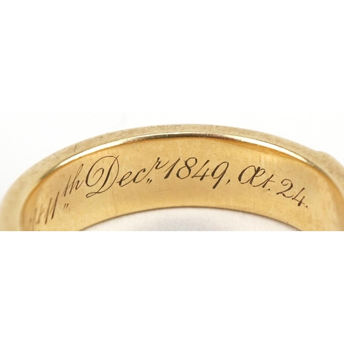 3032 - Victorian unmarked gold hairwork mourning ring engraved George Valentine Weeden OB 11th Dec 1849 at ... 