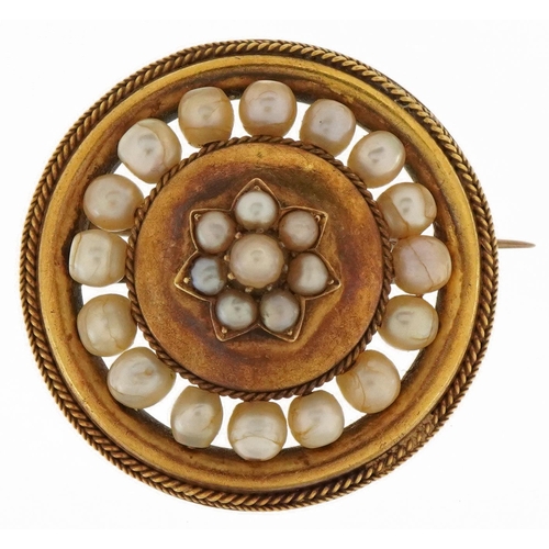 3033 - Victorian unmarked gold cultured pearl mourning brooch, tests as 15ct gold, 3.5cm in diameter, 14.0g