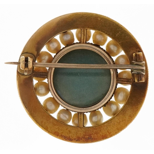 3033 - Victorian unmarked gold cultured pearl mourning brooch, tests as 15ct gold, 3.5cm in diameter, 14.0g