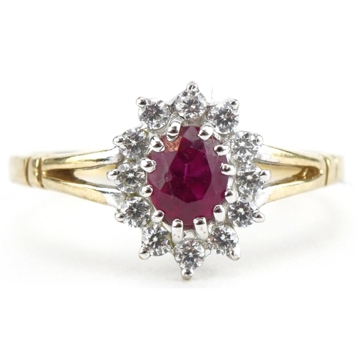 3109 - 9ct gold ruby and clear stone cluster ring, size L, 1.8g