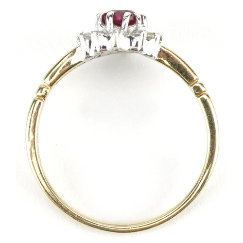 3109 - 9ct gold ruby and clear stone cluster ring, size L, 1.8g