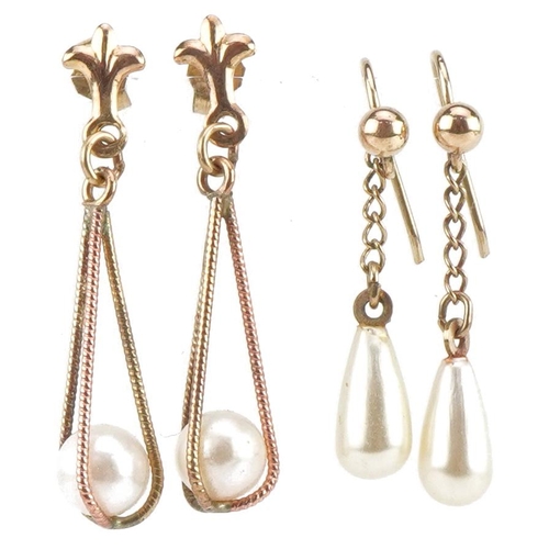 3673 - Pair of 9ct gold cultured pearl drop earrings and a pair of yellow metal simulated pearl teardrop ea... 