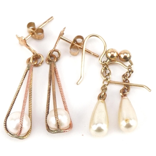 3673 - Pair of 9ct gold cultured pearl drop earrings and a pair of yellow metal simulated pearl teardrop ea... 