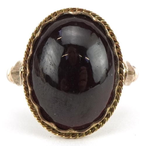 3143 - Antique 9ct gold cabochon garnet ring, the garnet approximately 16.8mm x 12.8mm, size P/Q, 5.5g