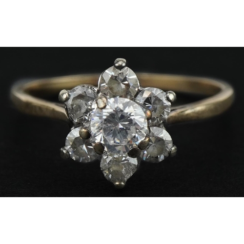 3084 - 9ct gold cubic zirconia flower head ring, size P, 2.2g