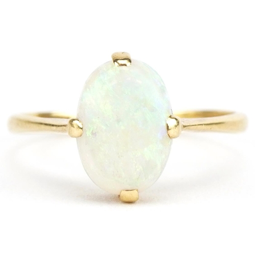 3107 - 18ct gold cabochon opal ring, size P/Q, 2.2g