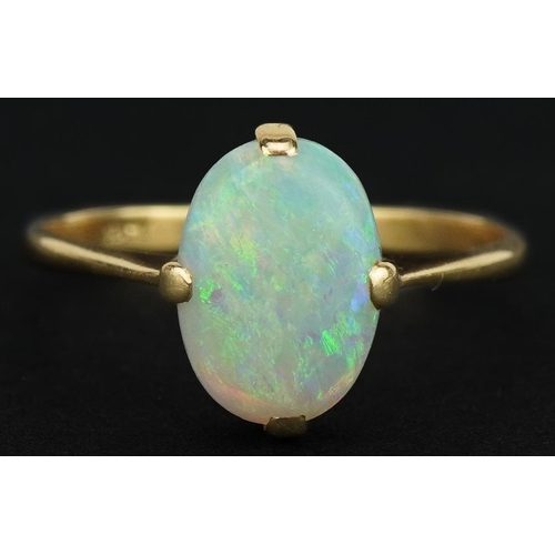 3107 - 18ct gold cabochon opal ring, size P/Q, 2.2g