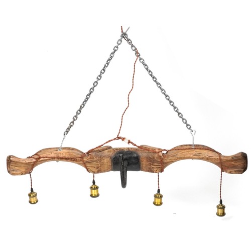 2438 - Industrial equestrian interest horse yolk four branch light fitting, 119cm wide