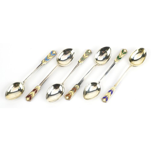 559 - Turner & Simpson Ltd, set of six Elizabeth II silver and enamel teaspoons, Birmingham 1979, 9.5cm in... 