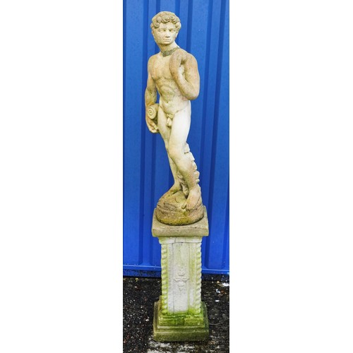 2212 - Large garden stoneware figure of David raised on a square column base, 147cm high