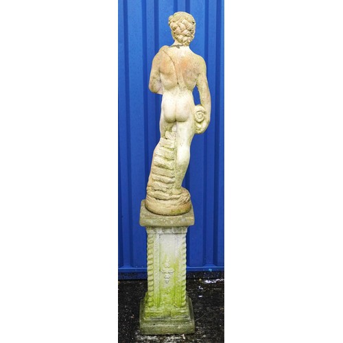 2212 - Large garden stoneware figure of David raised on a square column base, 147cm high