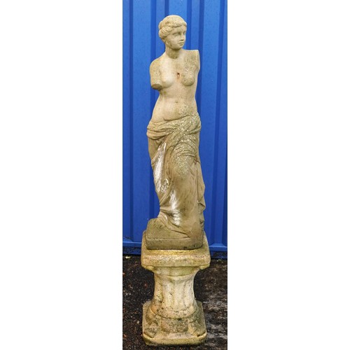 2213 - Large garden stoneware figure of Venus de Milo raised on a tapering column stand, 127cm high