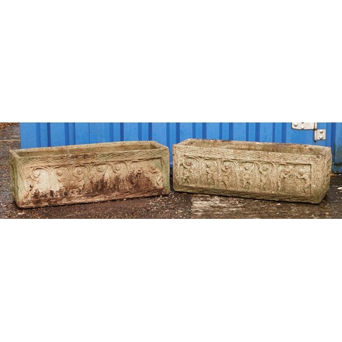 2219 - Pair of large rectangular garden stoneware planters decorated with Putti, 26cm H x 82cm W x 26cm D