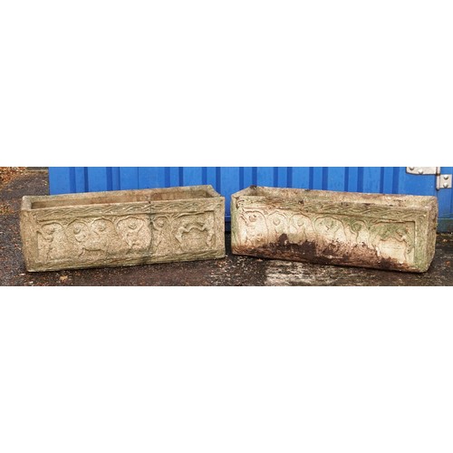 2219 - Pair of large rectangular garden stoneware planters decorated with Putti, 26cm H x 82cm W x 26cm D