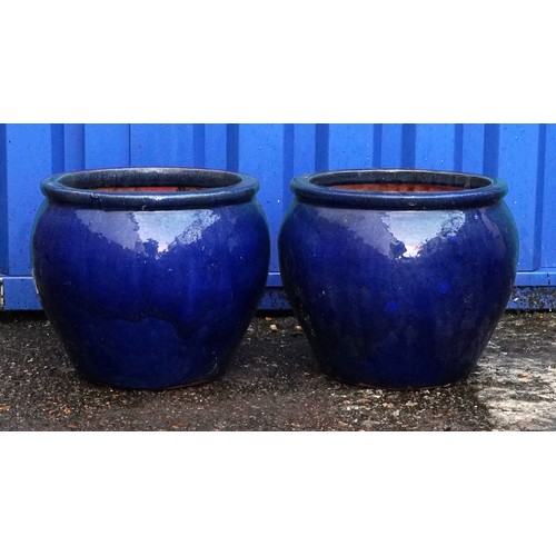 2222 - Pair of garden stoneware blue glazed planters, each 33cm high x 36cm in diameter