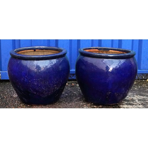 2222 - Pair of garden stoneware blue glazed planters, each 33cm high x 36cm in diameter